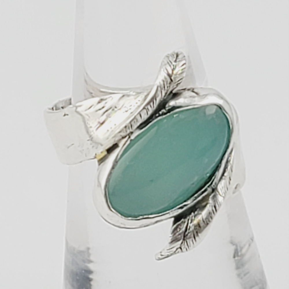 PREHNITE W/ ENGRAVED LEAFS RING HANDMADE IN STERLING SILVER METAL SIZE 6 - Picture 3 of 6